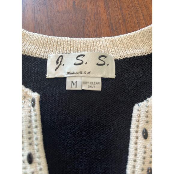 J.S.S knitwear jacket med black cream wool blend full zip elegant detail beads - Picture 7 of 11